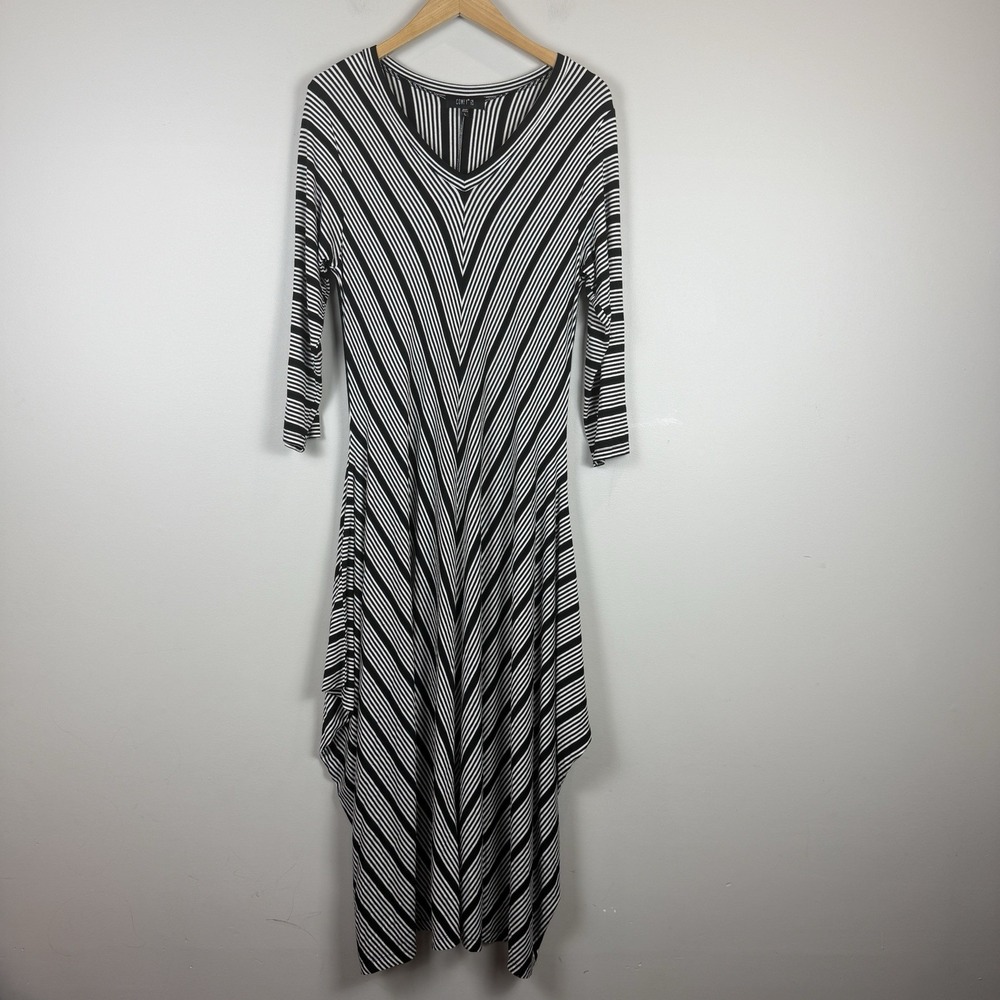 Comfy USA Midi Dress L Black White Striped Lagenlook Relaxed Slouchy stretch